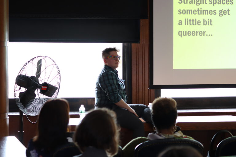 djaz discussing making queer spaces at the 2019 Urban Librarians Conference