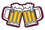 two frothy beer mugs drawn in a cartoon style clinking each other.