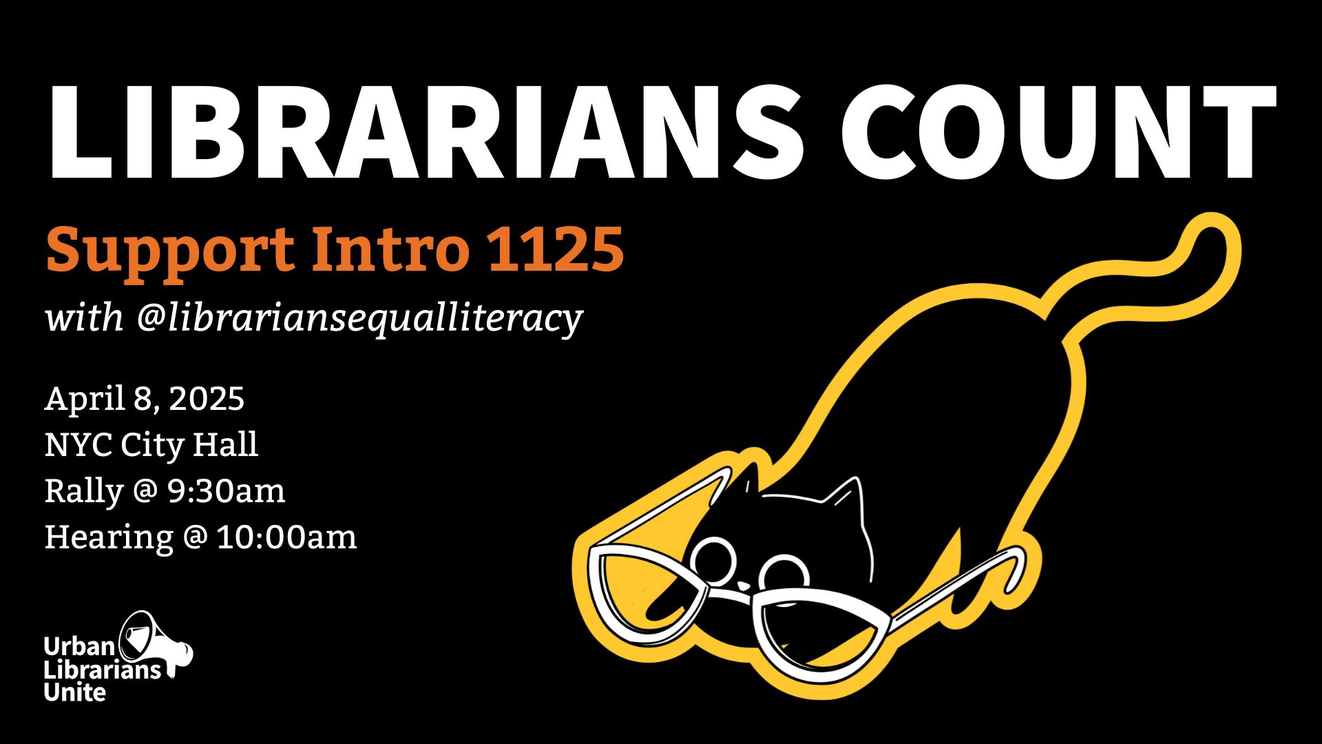 Librarians Count graphic, contains event date information and a cartoon of a black cat crouching down to look through a pair of reading glasses