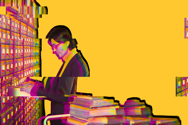 A stylized, colorful image featuring a person using a library card catalog, with glitch effects and a bright yellow background.