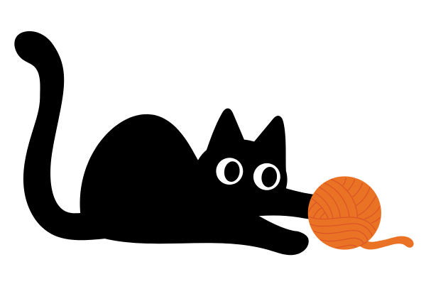 Black cat playing with an orange ball of yarn on a whitre background