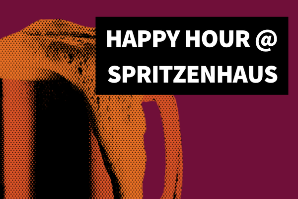 Halftone Black and orange beer mug with foam coming over the edge, header text reads "ULU Happy Hour @ Spritzenhaus" in all caps