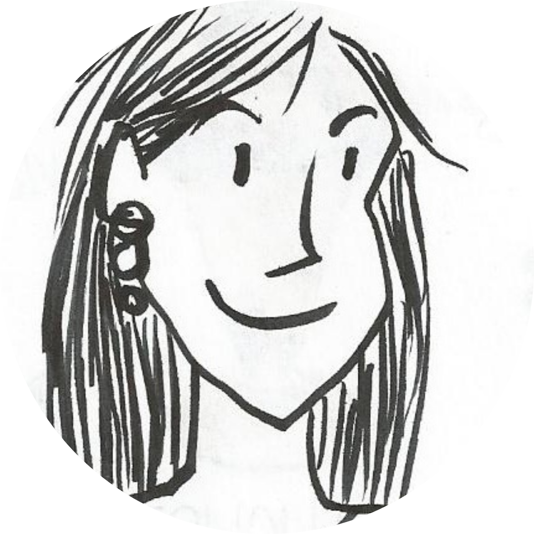 a black and white drawing of Karen Gutierrez with long hair