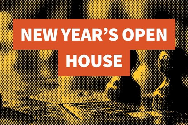 Halftone-style image with an orange banner reading "New Year's Open House" in bold white text. Background shows board game pieces.