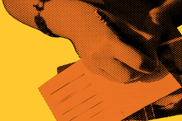 Website Event Image 600px by 400px orange and black halftone hands writing a postcard