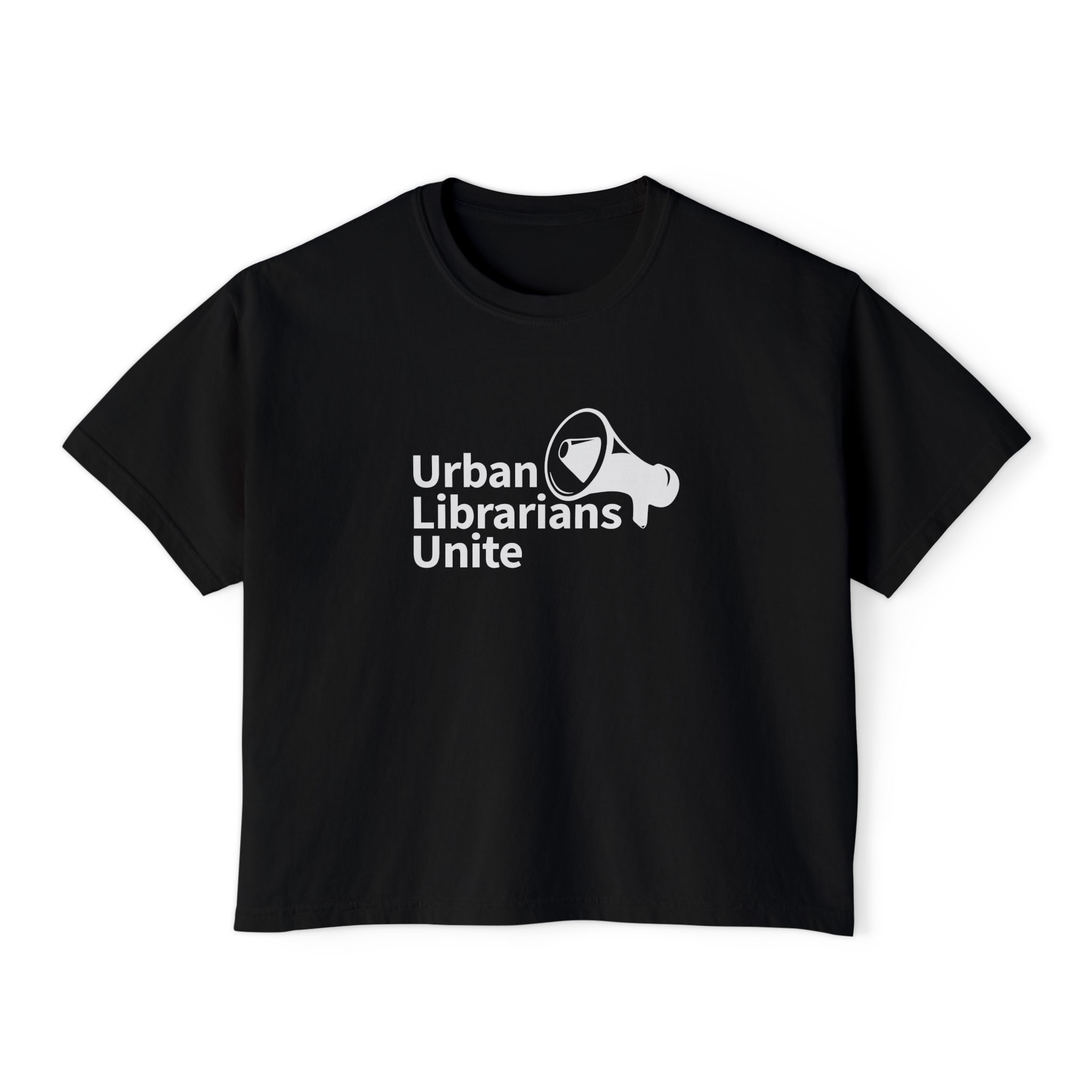 Black cropped tshirt with Urban Librarians Unite bullhorn logo in white.