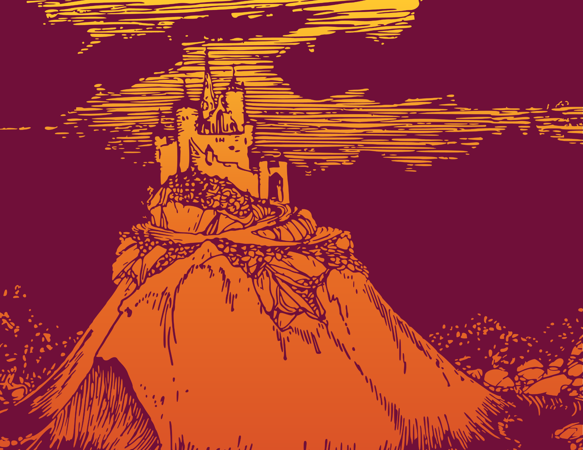 Solid burgundy sillhouette of a castle on a hill over an orange and yellow gradient 