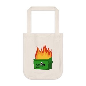 A natural cream-colored canvas tote bag with two short handles, laid flat against a white background. The bag features an illustration of a green dumpster on fire with large orange and red flames, with the text "Urban Librarians Unite" and a megaphone icon printed on the front.