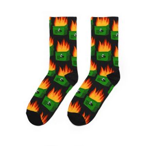 "Black crew socks with an all-over pattern of cartoon dumpsters on fire against a black background."