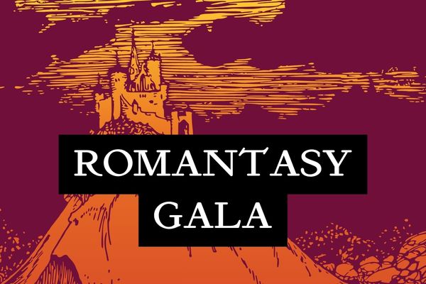 "Illustration of a fantasy castle with turrets perched on a rocky cliff, rendered in orange and yellow against a deep maroon background with streaky cloud patterns. Text reads 'ROMANTASY GALA' in white serif font on black rectangular banners."