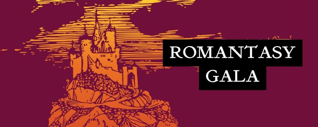 "Illustration of a fantasy castle with turrets perched on a rocky cliff, rendered in orange and yellow against a deep maroon background with streaky cloud patterns. Text reads 'ROMANTASY GALA' in white serif font on black rectangular banners."
