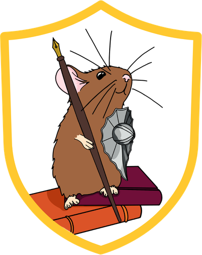 cute brown mouse holding a fointain pen as a speak and a small shiled while standing on a pile of books in a badge